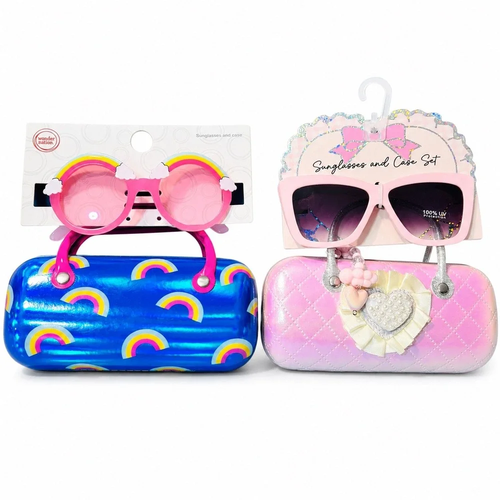 Kids Sunglasses Lot 2 Pack Rainbow Pink Heart Quilted Cases UV Protection NWT